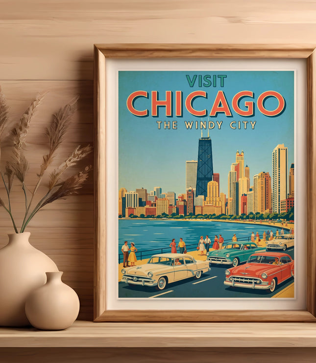 Vintage "Visit Chicago The Windy City" poster with skyline and classic cars.