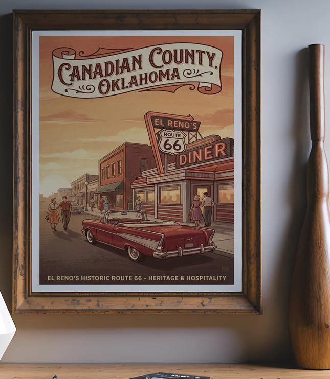 Canadian County, Oklahoma poster featuring El Reno's Route 66 Diner and a classic car.