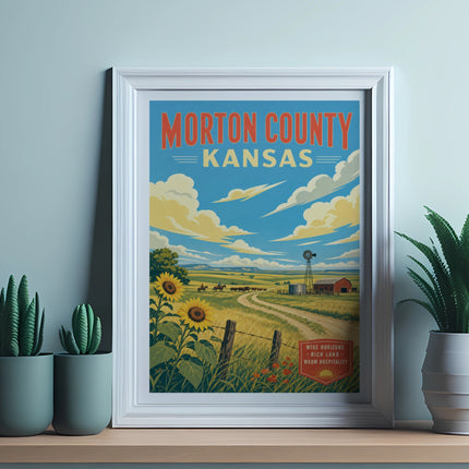 Vintage travel poster for Morton County, Kansas, featuring sunflowers and a farm scene.