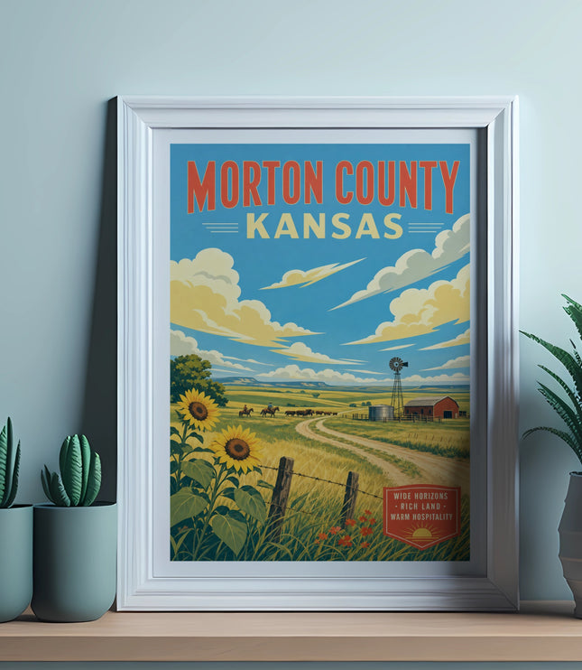 Vintage travel poster for Morton County, Kansas, featuring sunflowers and a farm scene.