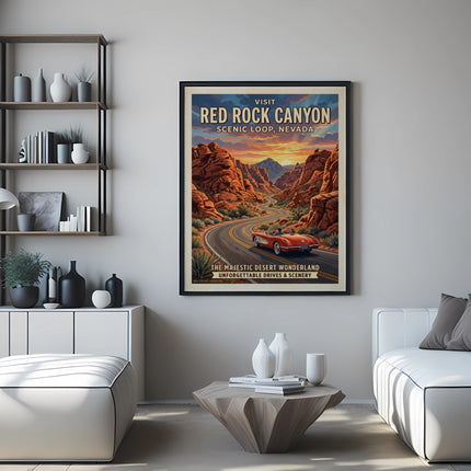 Vintage poster for Red Rock Canyon, Nevada with a red car driving through the desert.