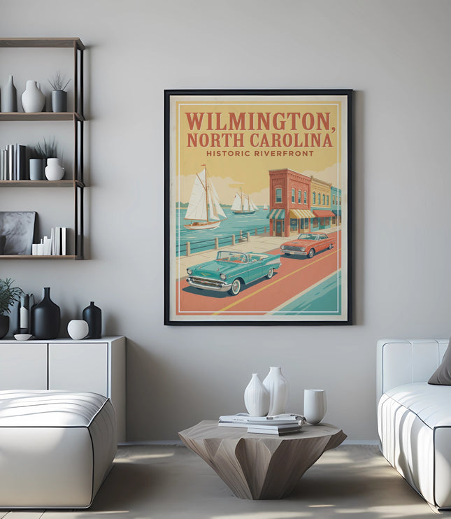 Wilmington, North Carolina Historic Riverfront poster with vintage cars and sailboats.