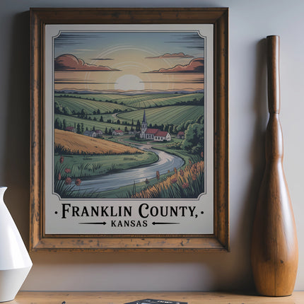 Poster of Franklin County, Kansas landscape with river, church, and rolling hills.