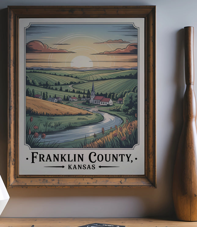 Poster of Franklin County, Kansas landscape with river, church, and rolling hills.
