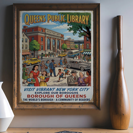 Queens Public Library poster with colorful illustration of city life and people.