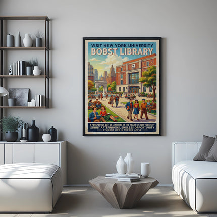 New York University Bobst Library vintage travel poster with students and cityscape.
