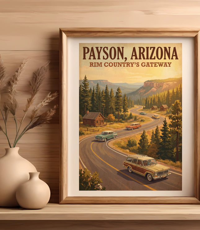Payson Arizona Rim Country's Gateway vintage art print with classic cars on a winding road.