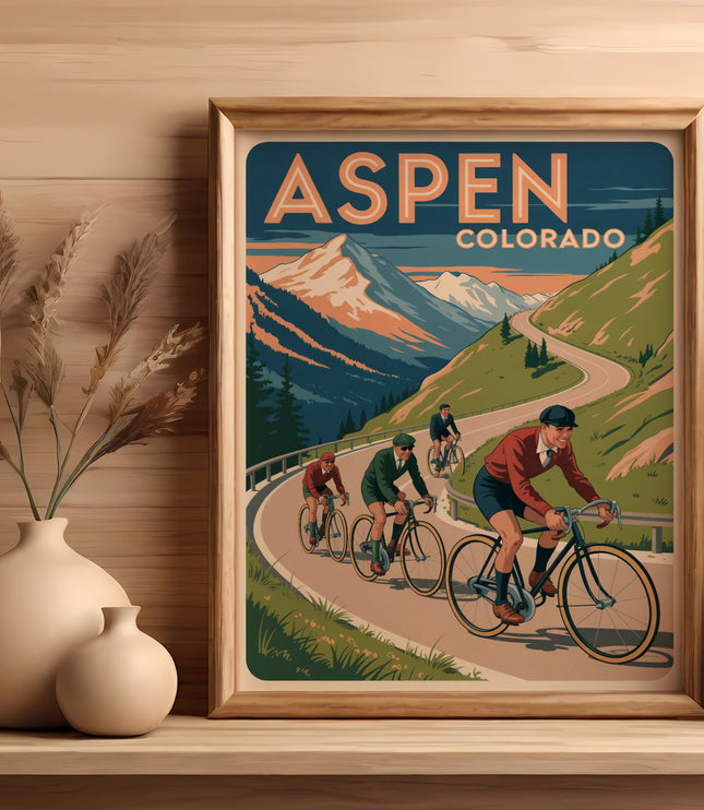 Art print of cyclists on a mountain road with "ASPEN COLORADO" text.