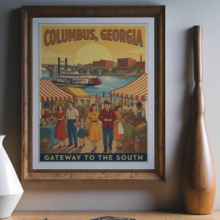 Vintage travel poster for Columbus, Georgia, showing a riverboat and marketplace.