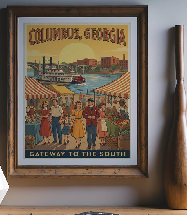 Vintage travel poster for Columbus, Georgia, showing a riverboat and marketplace.