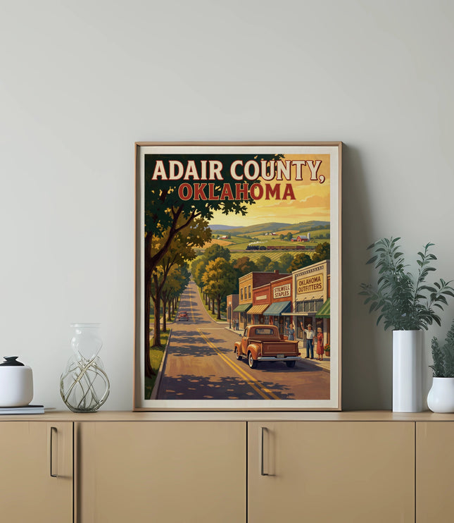 Adair County, Oklahoma vintage travel poster with a street scene and a truck.