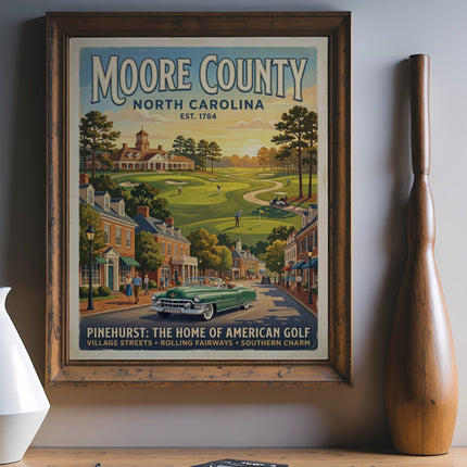 Moore County North Carolina vintage travel poster with golf course and town scene.