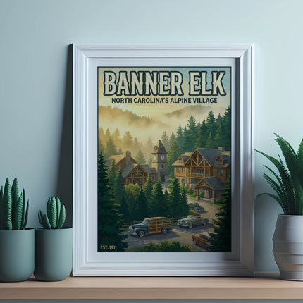 Poster of Banner Elk, North Carolina's Alpine Village, with vintage cars and rustic buildings.