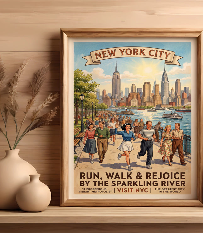 New York City vintage poster with people jogging and walking by a river.