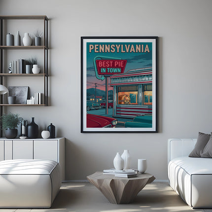 Pennsylvania "Best Pie In Town" diner sign poster on wall above couch.