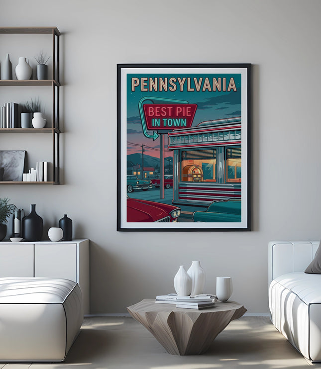 Pennsylvania "Best Pie In Town" diner sign poster on wall above couch.