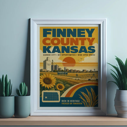 Finney County, Kansas poster with sun, sunflowers, and farm landscape.