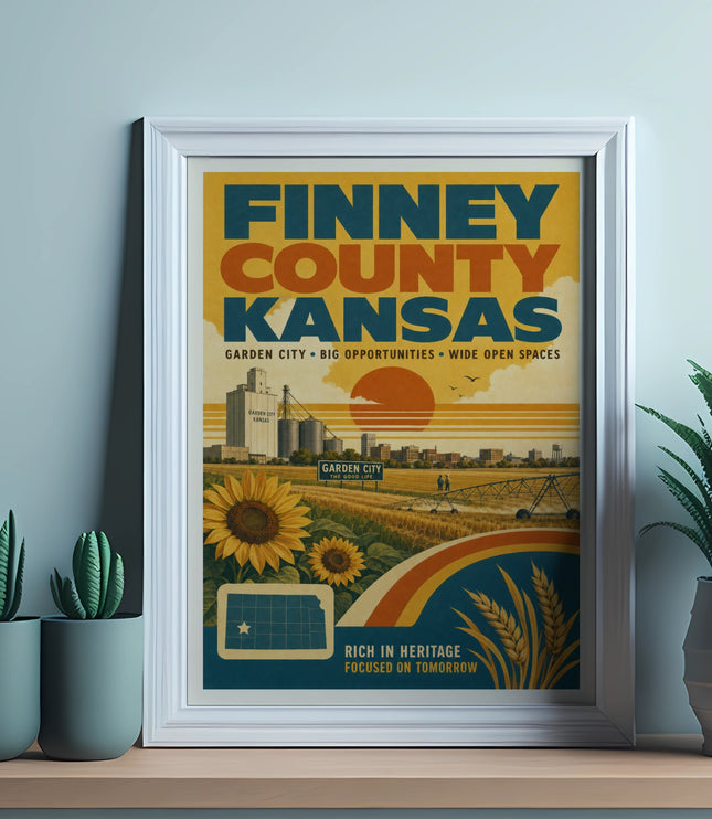 Finney County, Kansas poster with sun, sunflowers, and farm landscape.
