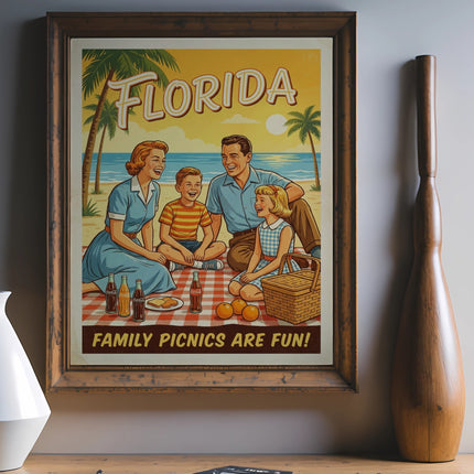 Retro Florida family picnic advertisement with text "FAMILY PICNICS ARE FUN!".