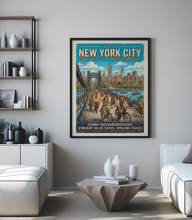 Vintage New York City poster depicting people biking across a bridge.