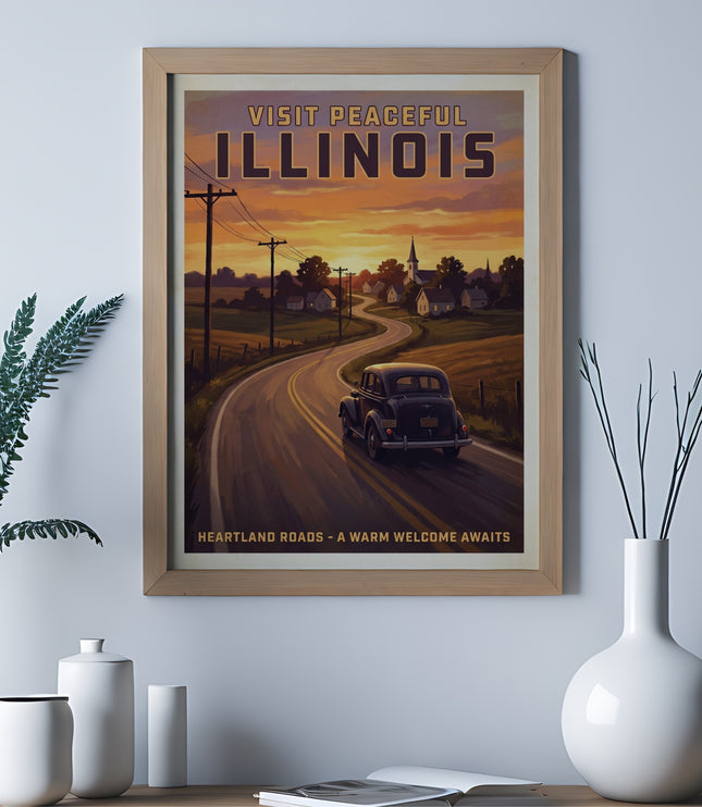 Retro poster of a car driving on a winding road at sunset in Illinois.