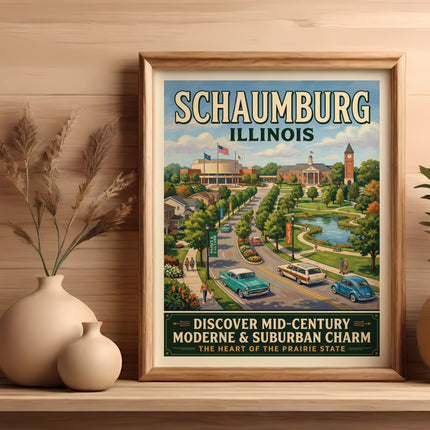 Schaumburg Illinois poster with mid-century charm and vintage cars.