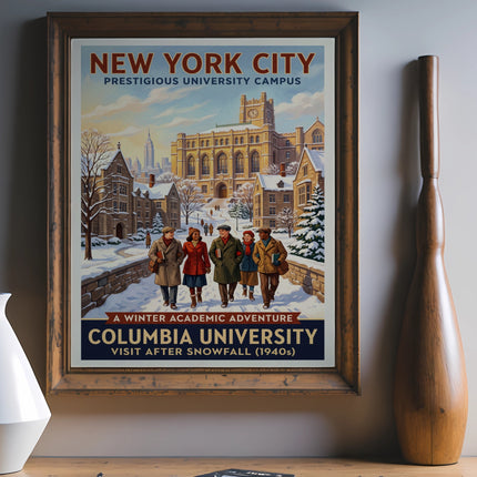 Vintage Columbia University poster showing a snowy campus with students.