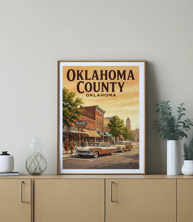 Vintage Oklahoma County scene with two classic cars and "Oklahoma County Oklahoma" text.