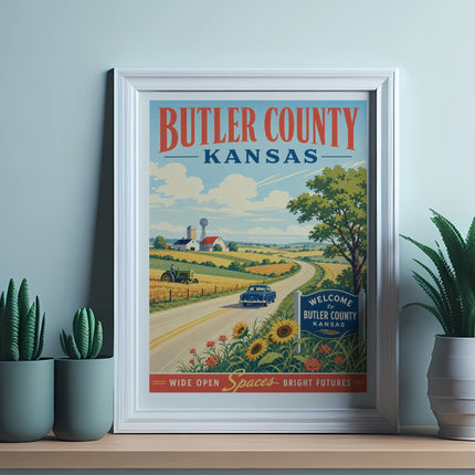 Vintage travel poster for Butler County, Kansas, depicting a rural landscape.