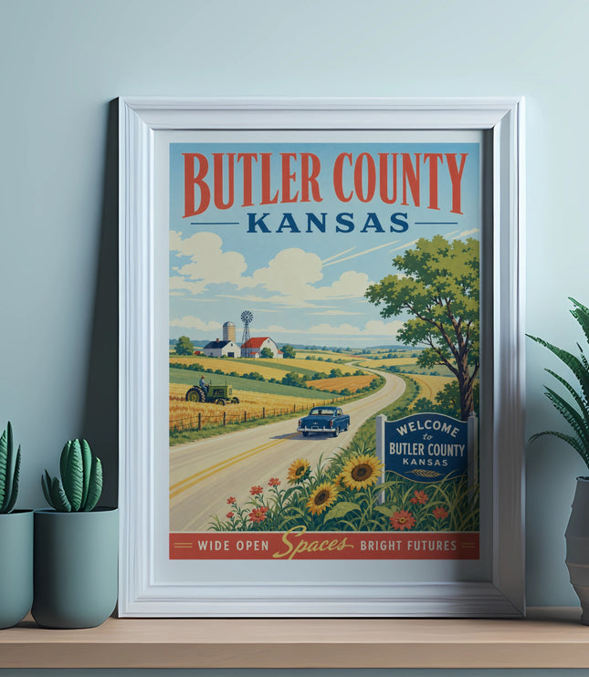 Vintage travel poster for Butler County, Kansas, depicting a rural landscape.