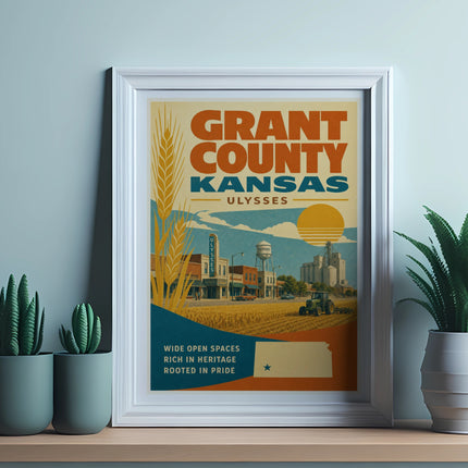 Grant County, Kansas Ulysses poster with rural scene and text.