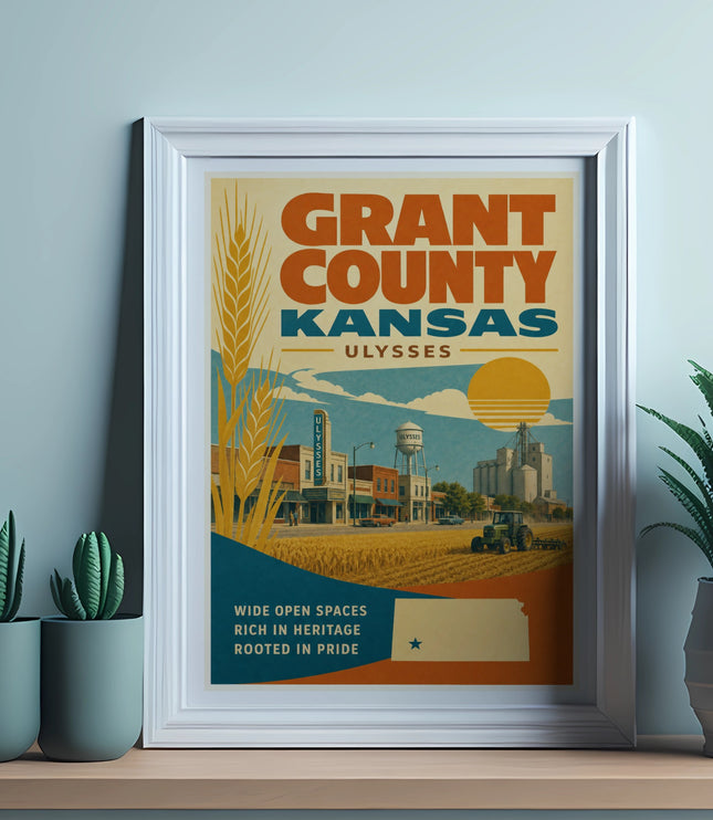 Grant County, Kansas Ulysses poster with rural scene and text.