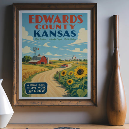 Vintage poster of Edwards County, Kansas, featuring a farmhouse, windmill, and sunflowers.