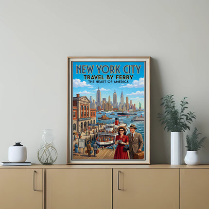 Vintage New York City travel poster depicting a ferry terminal with cityscape.