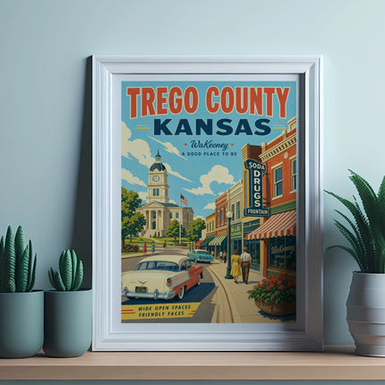Framed vintage poster of WaKeeney, Kansas, with a courthouse and classic car.