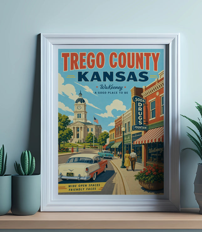 Framed vintage poster of WaKeeney, Kansas, with a courthouse and classic car.