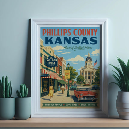 Phillips County Kansas vintage travel poster with town scene.