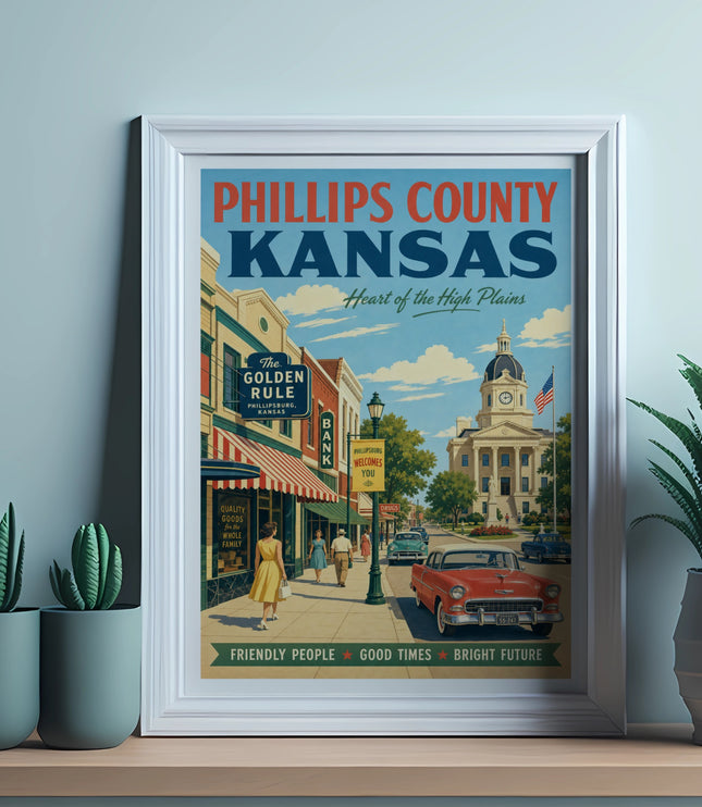 Phillips County Kansas vintage travel poster with town scene.