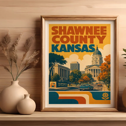 Framed retro poster of Topeka, Kansas, with Capitol building and city skyline.