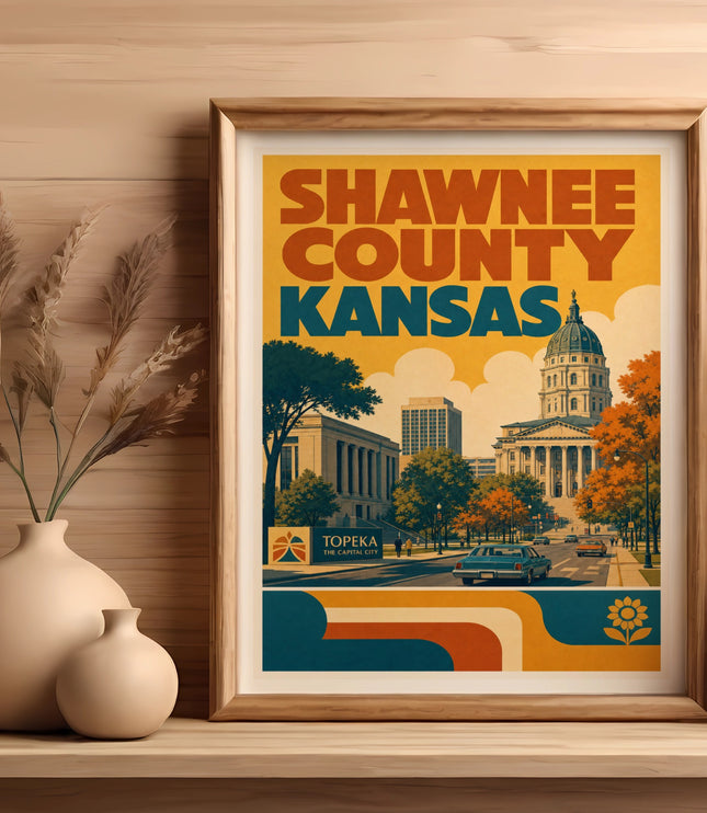 Framed retro poster of Topeka, Kansas, with Capitol building and city skyline.
