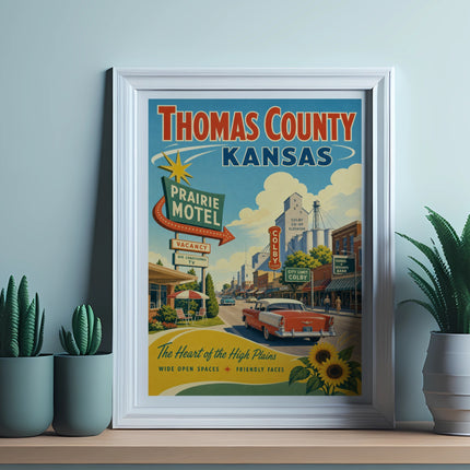 Vintage Thomas County, Kansas travel poster with "Prairie Motel" and "Colby" text.