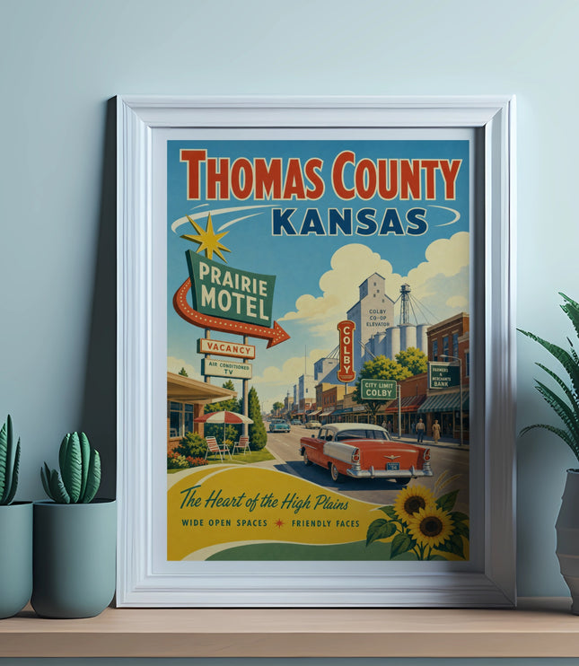 Vintage Thomas County, Kansas travel poster with "Prairie Motel" and "Colby" text.