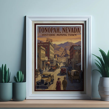 Tonopah, Nevada Historic Mining Town poster with Mizpah and Belvada Hotels.