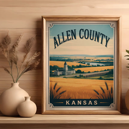 Allen County, Kansas framed art print with scenic landscape and courthouse.