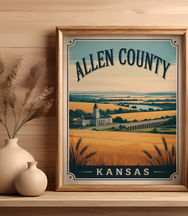 Allen County, Kansas framed art print with scenic landscape and courthouse.