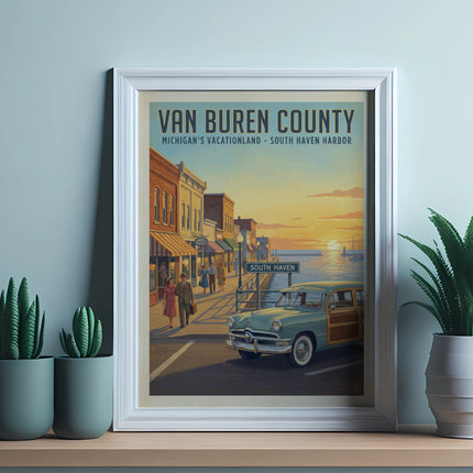 Van Buren County Michigan vacationland poster with vintage car and harbor sunset.