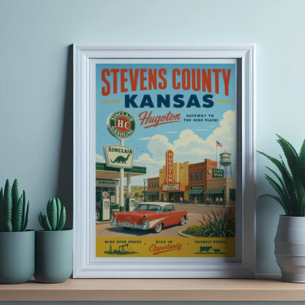 Vintage Sinclair gasoline sign with Hugoton, Kansas, featuring a red classic car.