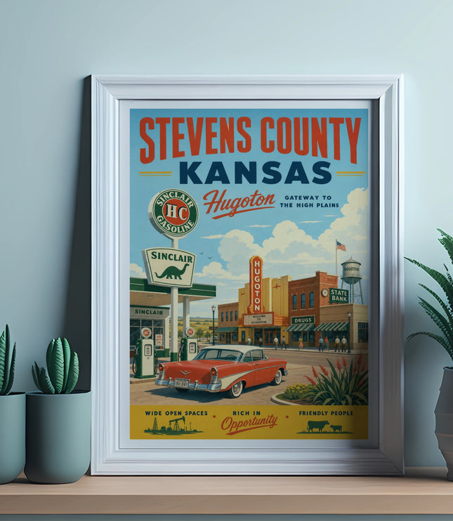 Vintage Sinclair gasoline sign with Hugoton, Kansas, featuring a red classic car.