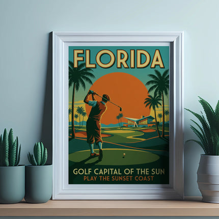 Florida golf scene with golfer, palm trees, and text "GOLF CAPITAL OF THE SUN".