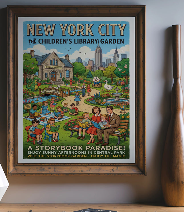 New York City Children's Library Garden poster featuring families reading among storybook characters.